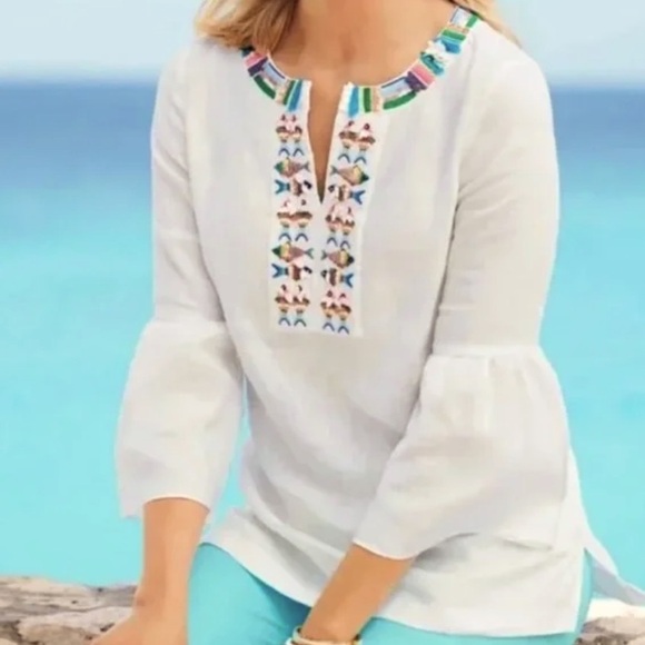 NWT Talbots Embellished Collar with Beaded Fish Linen Tunic, size Small - Picture 1 of 7